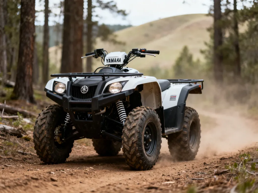 Quad Yamaha Grizzly 700 na leśnym szlaku, widok z przodu pod kątem, podkreślone opony i zawieszenie.
