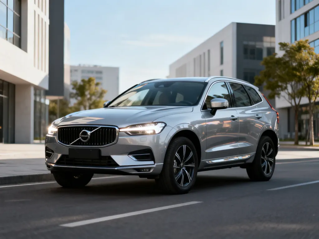 Srebrne Volvo XC60 z włączonymi LED-ami zaparkowane na spokojnej miejskiej ulicy, podkreślające design i charakter modelu