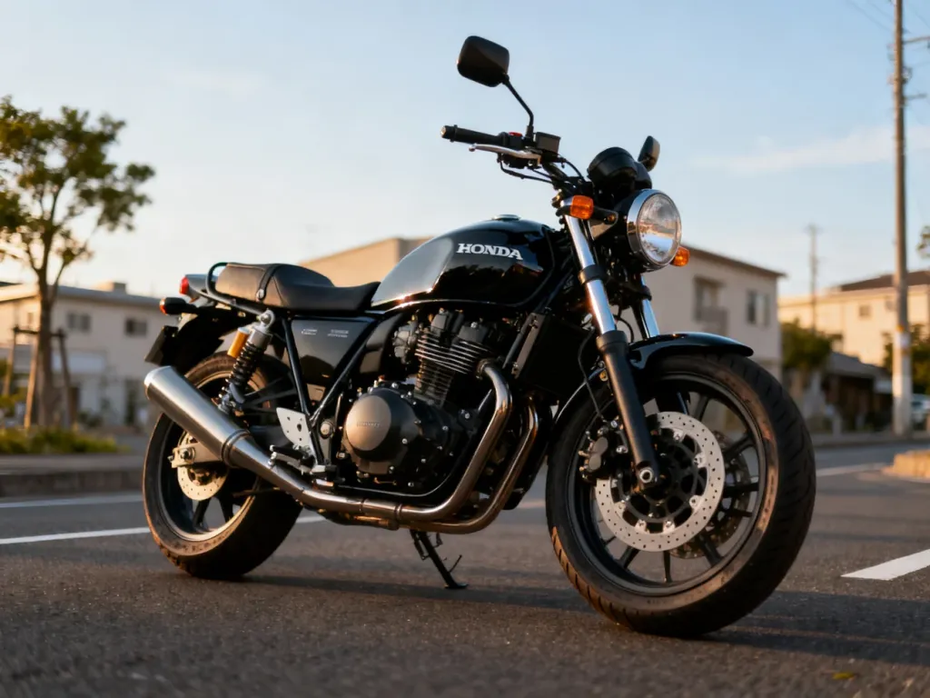 Czarny cruiser Honda zaparkowany na spokojnej miejskiej ulicy, ukazujący sylwetkę motocykla i detale silnika oraz zbiornika.