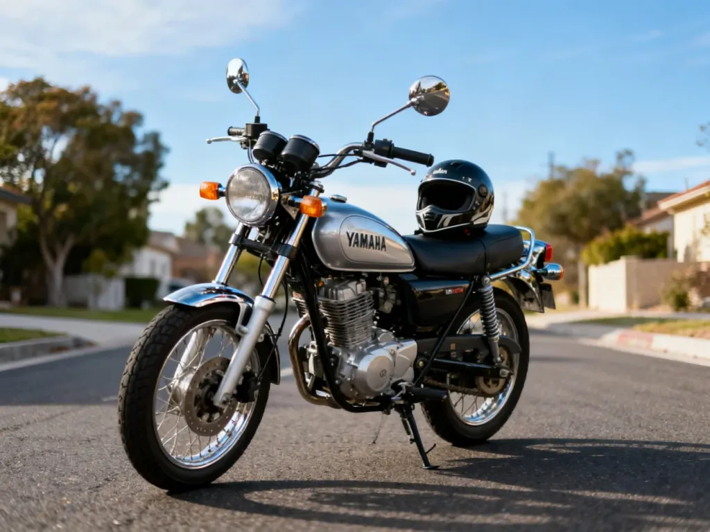 Yamaha Virago 125 z przodu na spokojnej ulicy, klasyczny cruiser z chromem i kaskiem na siedzeniu, idealny do miejskiej jazdy