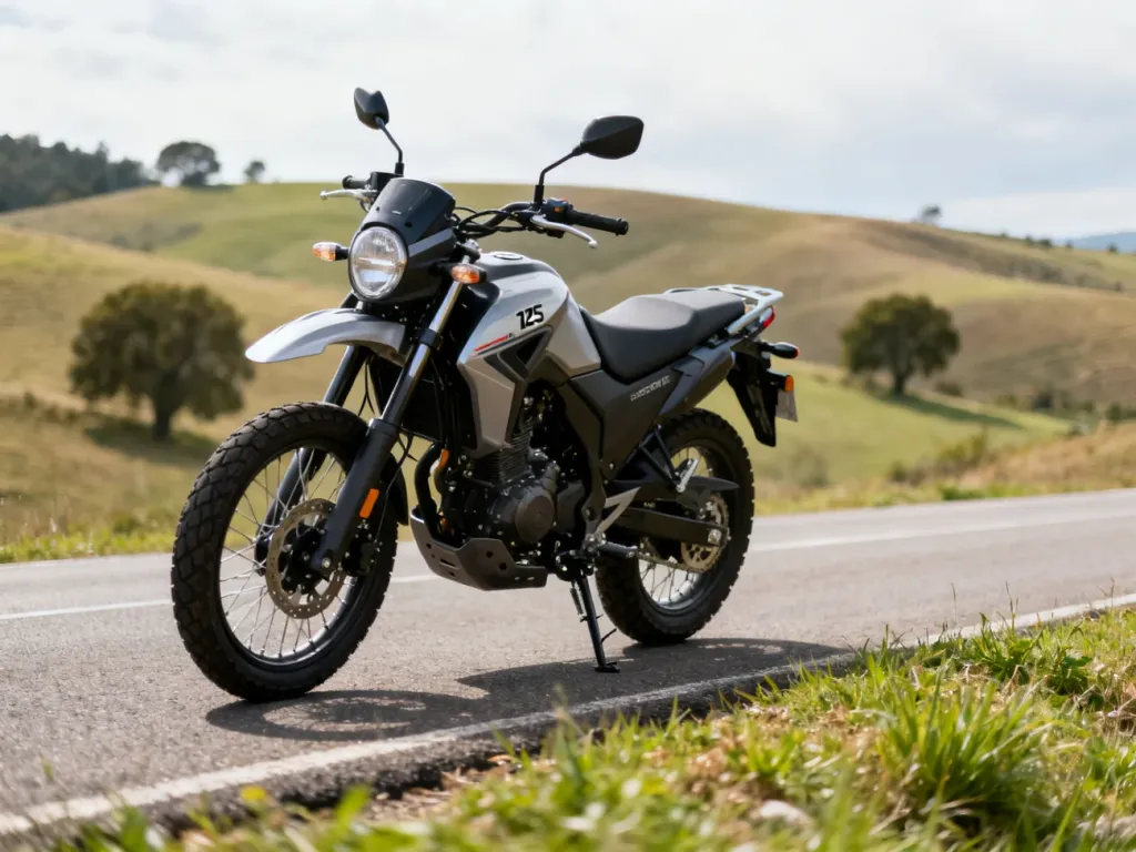 Junak RX One 125 zaparkowany przy spokojnej drodze, podkreślający turystyczny charakter motocykla i jego wszechstronność.