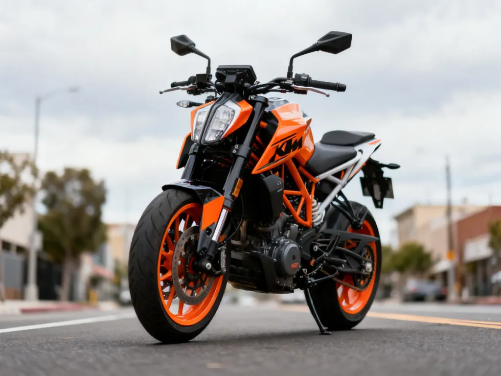 Nowoczesny pomarańczowy naked KTM 125 Duke na ulicy, ukazujący stylistykę, spalanie i osiągi motocykla miejskiego.